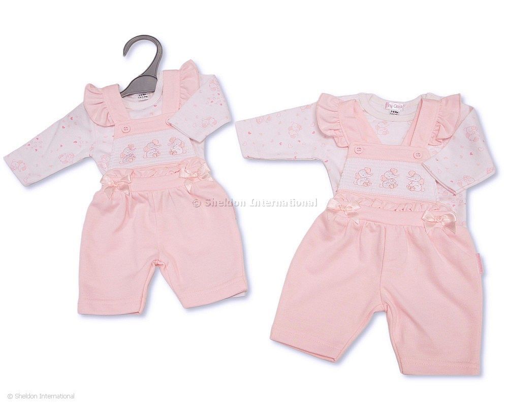 Premature Baby Girls 2 pcs Dungaree Set with Smocking - Elephant